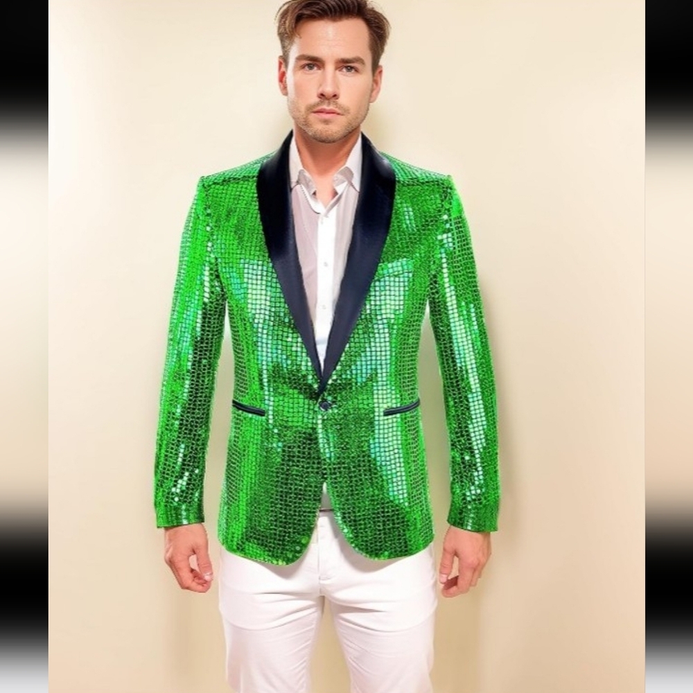 Green Sequin Men’s Blazer with Black Satin Lapel